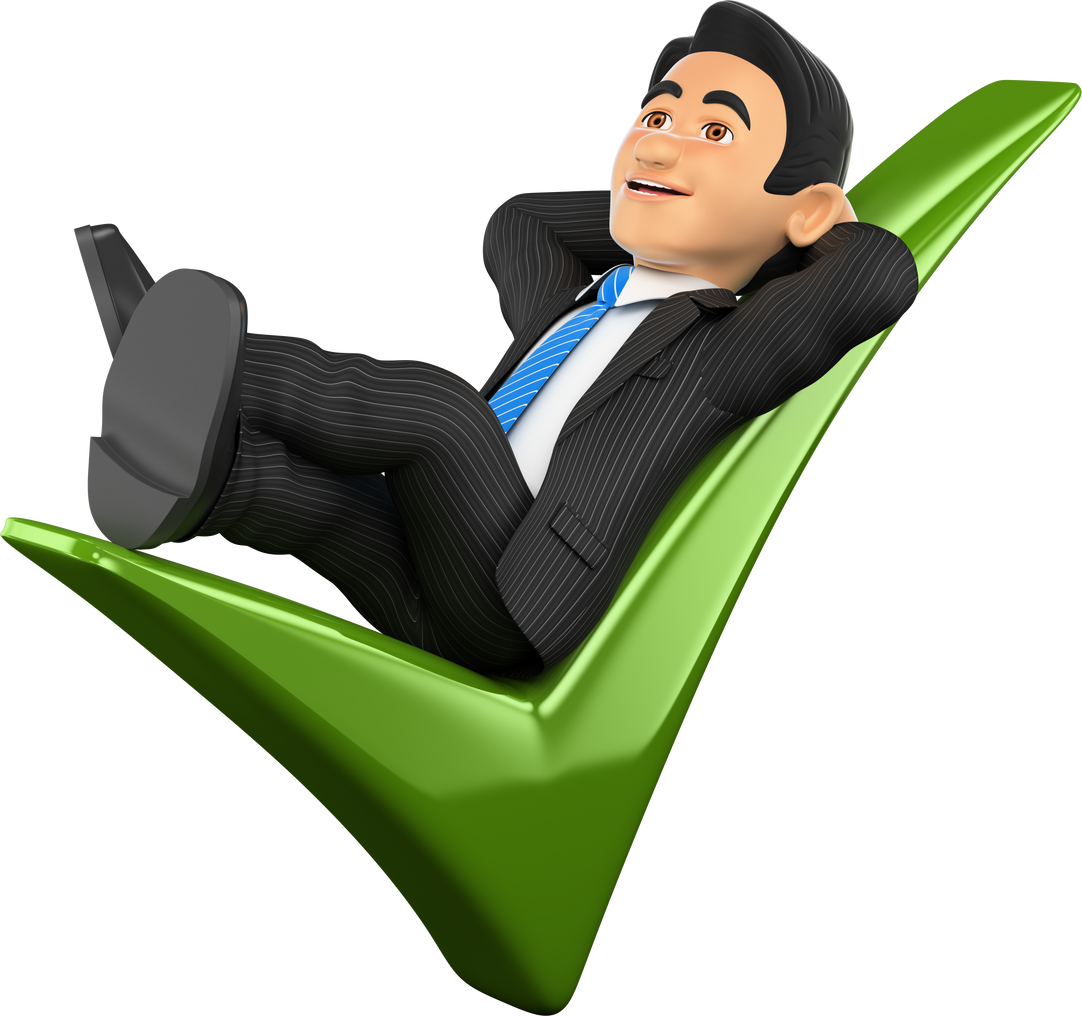 3D Businessman Lying on a Green Tick